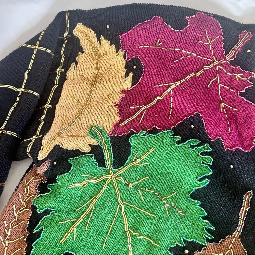 Bellepointe Vtg 90s Handmade Colorful Fall Leaf Cardigan Sweater Sz L Beaded